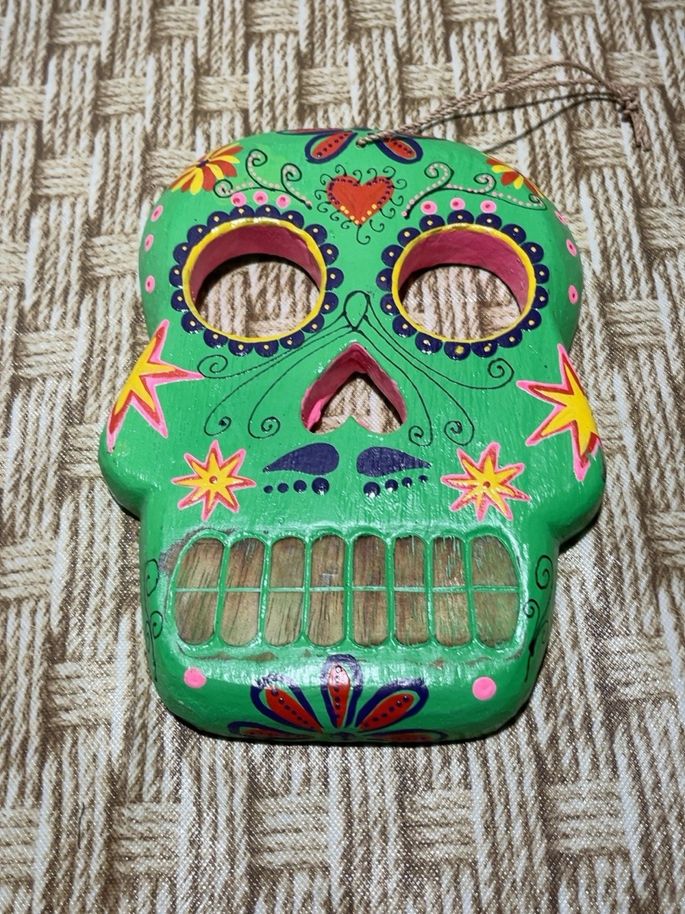 Hand Painted Sugar Skull Wall Mask Green Day of the Dead Folk Art 7.5”